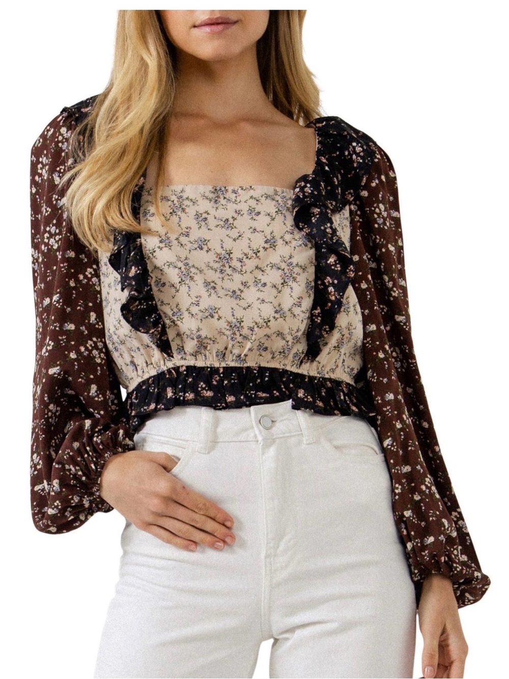 Free the Roses Brown Cream Floral Peasant Blouse, Boho, Romance, Cottage, Fall
